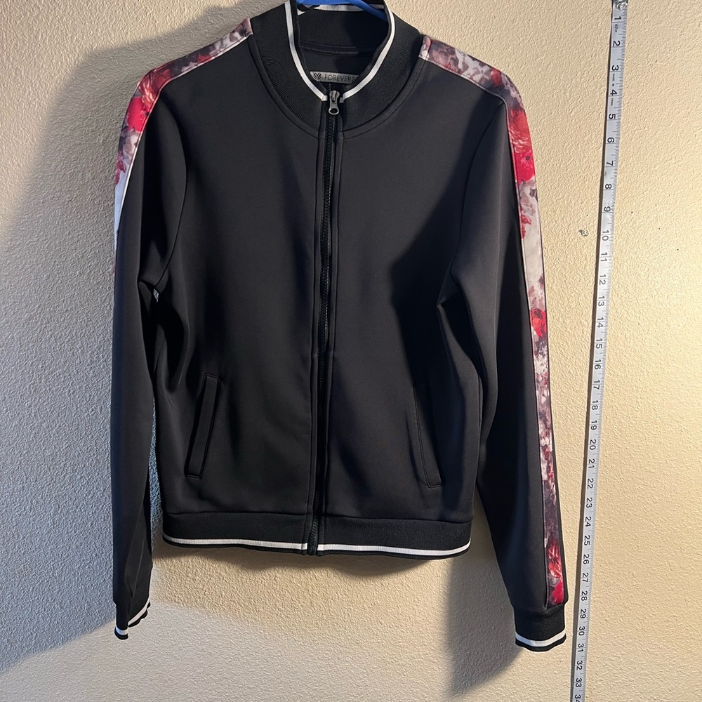 Forever 21 Black Bomber Jacket with Red Floral Accents